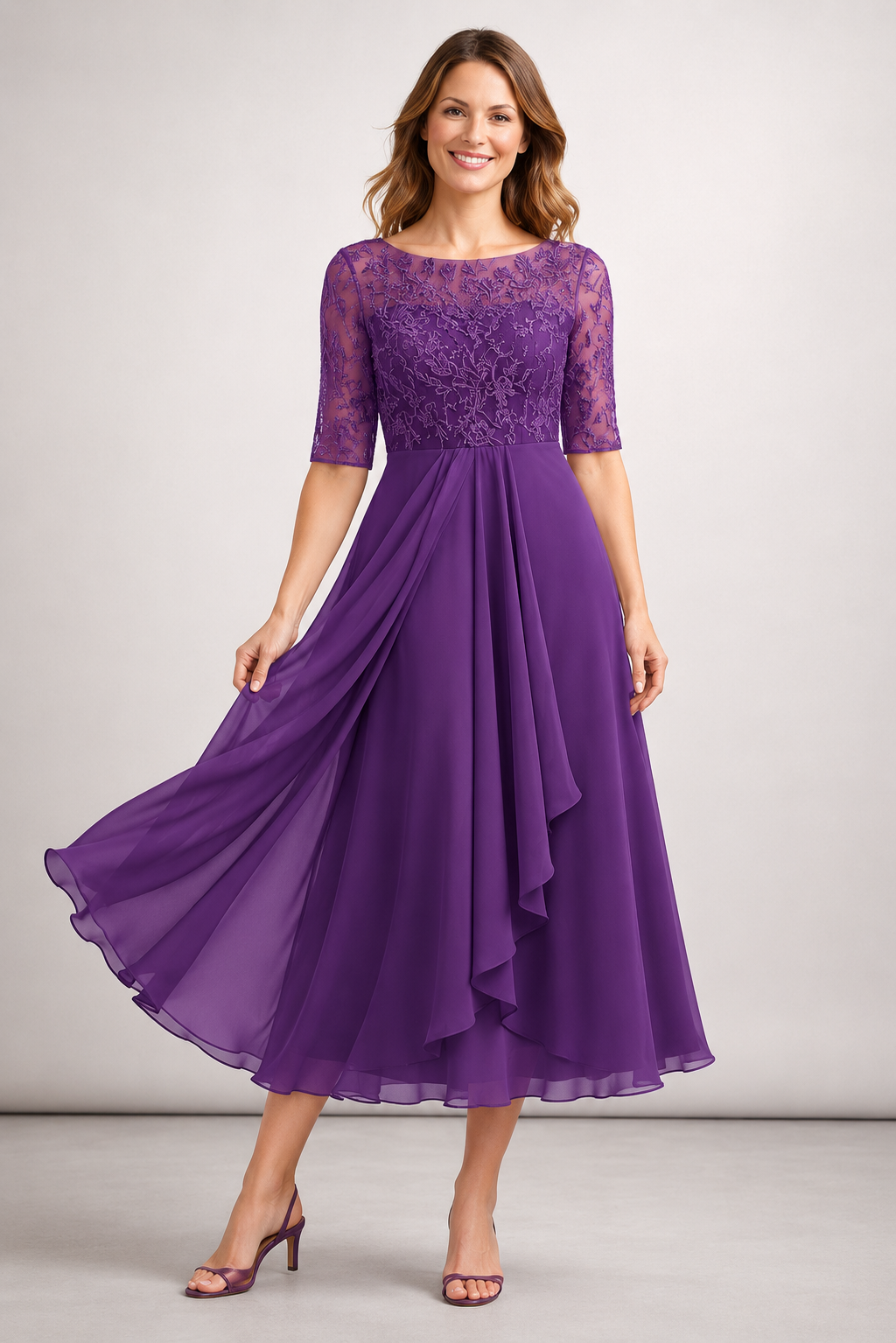 Mira Dames Midi-jurk | Chiffon met Kanten Top, Elegant