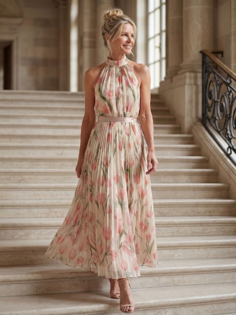 Aurel Dames Midi Jurk | Bloemenpatroon, Halterhals, Lichtgewicht 6