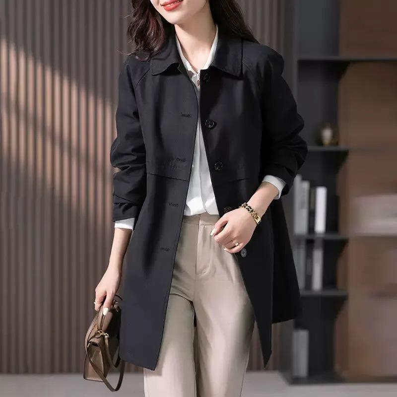 Dames Trenchcoat met Knoopsluiting en Kraag – Tijdloos en Comfortabel in Zwart, Geschikt voor Lente en Herfst