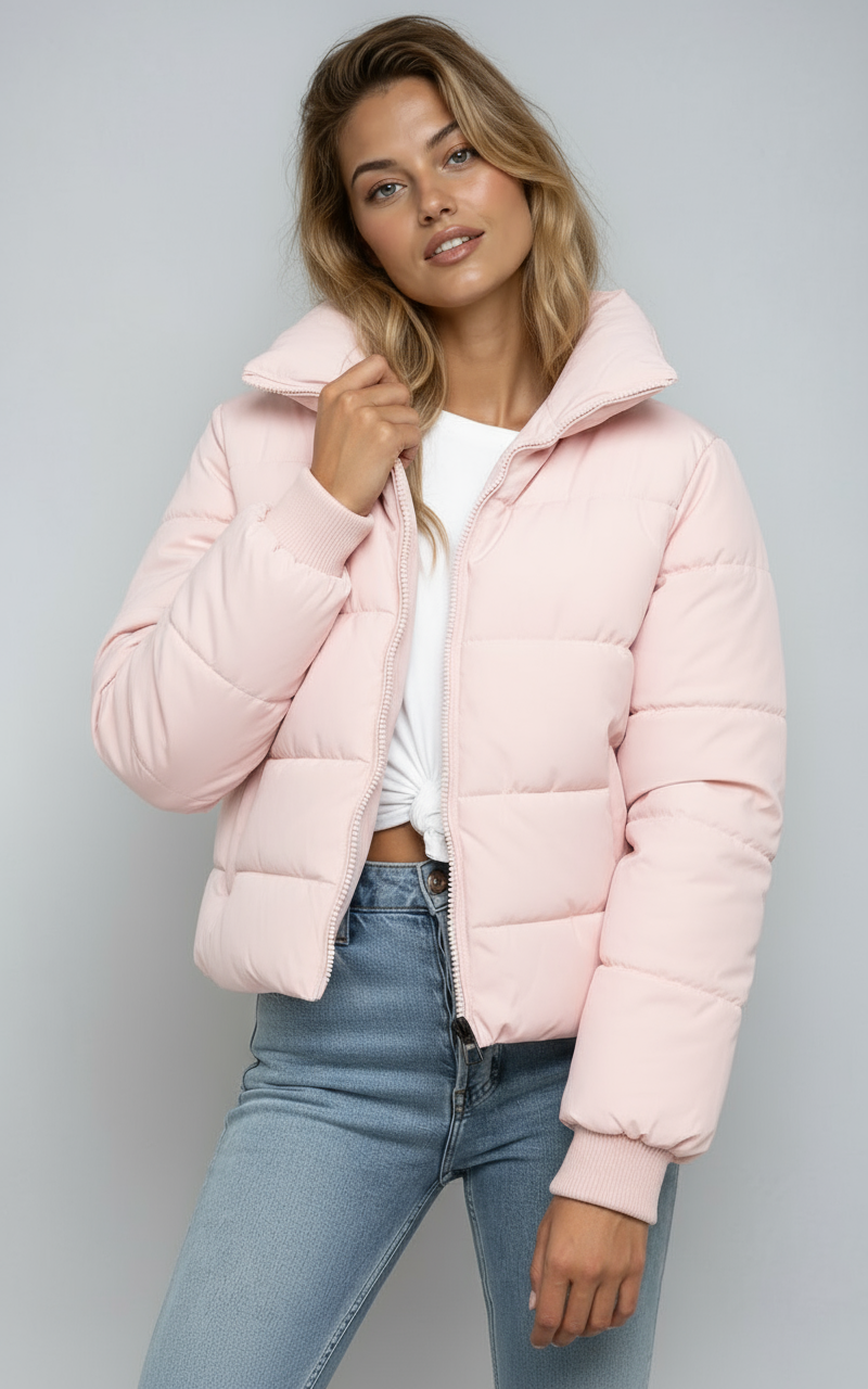 Korte Gewatteerde Damesjas met Hoge Kraag en Ritssluiting – Trendy Puffer Jas voor Winter en Herfst