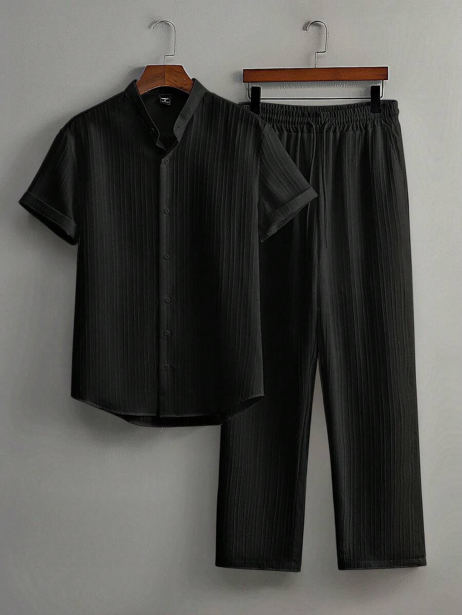 Zwart heren co-ord set met opstaande kraag – moderne Japanse stijl met luxe uitstraling