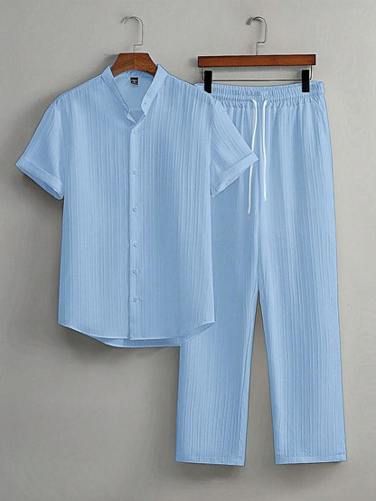 Zwart heren co-ord set met opstaande kraag – moderne Japanse stijl met luxe uitstraling
