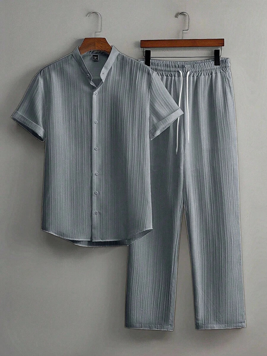 Zwart heren co-ord set met opstaande kraag – moderne Japanse stijl met luxe uitstraling