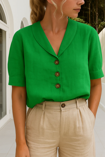 ARVINA | Dames blouse met sjaalkraag – Korte mouwen en knoopsluiting vooraan