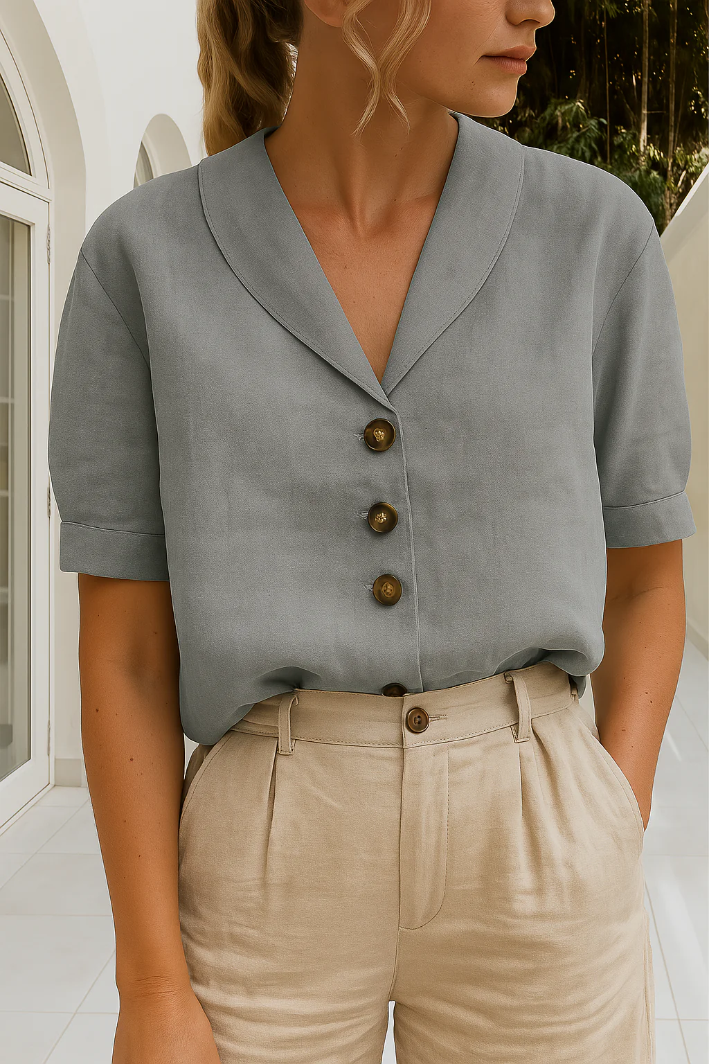 ARVINA | Dames blouse met sjaalkraag – Korte mouwen en knoopsluiting vooraan