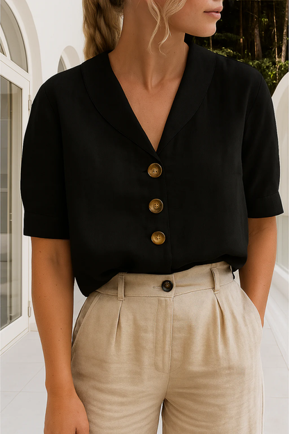 ARVINA | Dames blouse met sjaalkraag – Korte mouwen en knoopsluiting vooraan
