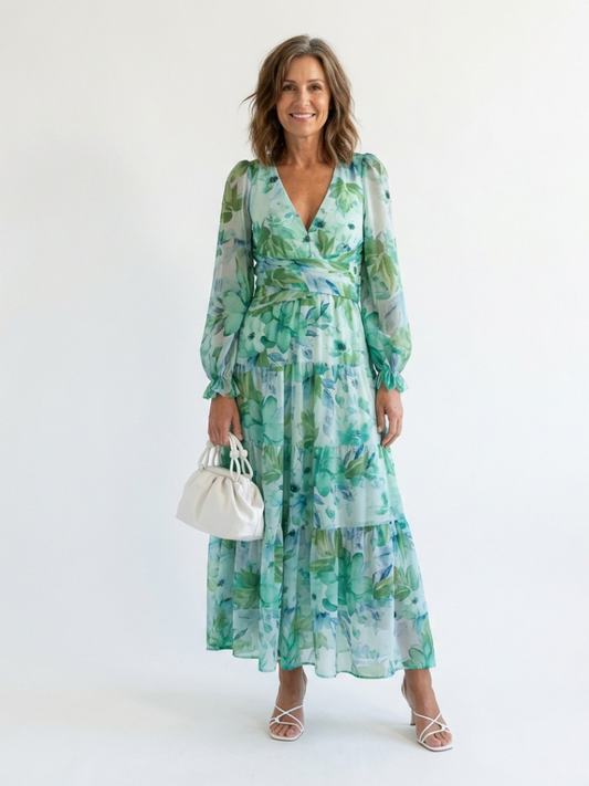 Aly Dames Maxi Jurk | Bloemenprint, Lange Mouwen, Lichtgewicht 0