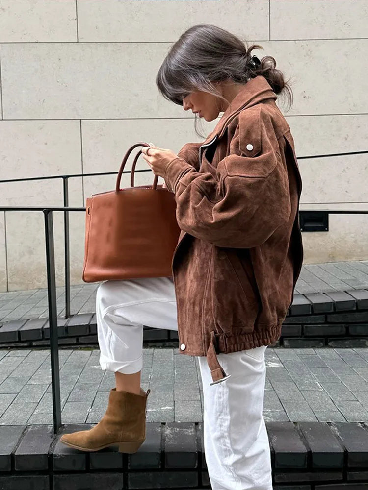 Ava Dames Bikerjas | Zachte Suède met Oversized Kraag