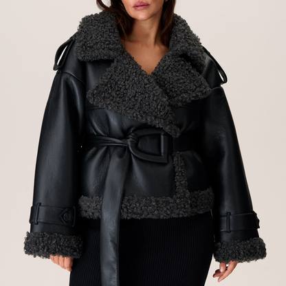 Ava Dames Winterjas | Luxe PU-Leer met Oversized Ceintuur