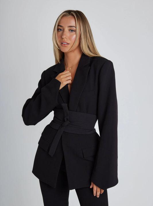 Bella Zwarte Blazer Dames | Getailleerd Met Riem, Elegante Pasvorm 0