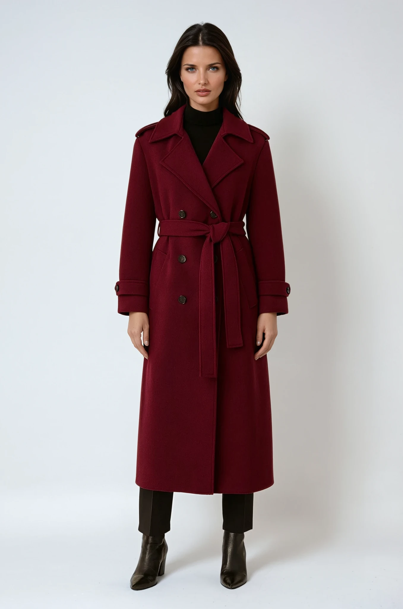 Burgundy Lange Winterjas Dames met Ceintuur en Dubbele Knopen voor Stijl en Comfort