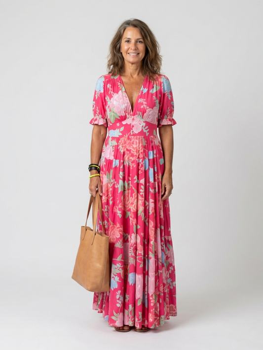 Ione Dames Midi Jurk | Zachte V-hals, Korte Mouwen, Elegante Pasvorm 0