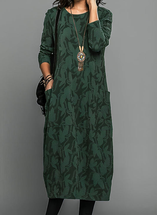 Mira Dames Midi Jurk | Luxe Stof, Relaxed Fit, Subtiele Print 0