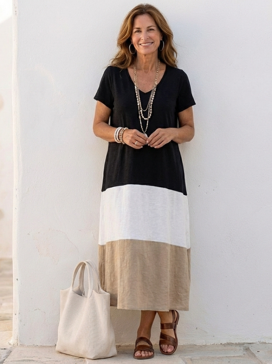 Tessa Dames Midi-jurk | Kleurblok, V-hals, Ademend 0